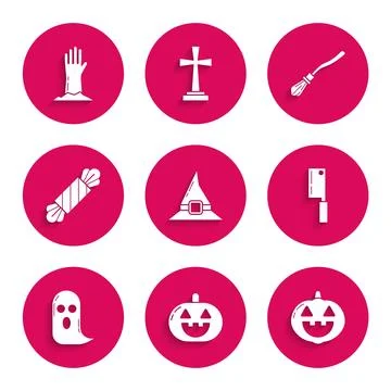 Set Witch hat Pumpkin Meat chopper Ghost Candy Witches broom and Zombie hand  Illustration