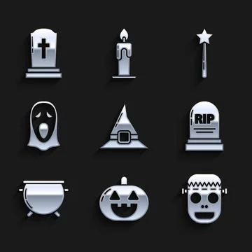 Set Witch hat, Pumpkin, Zombie mask, Tombstone with RIP, Halloween witch Stock-Illustration