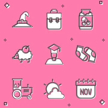 Set Witch hat, School backpack, Jam jar, Hedgehog, Graduate and graduation cap Stock Illustration