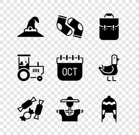 Set Witch hat, Socks, School backpack, Candy, Scarecrow, Winter, Tractor and Stock Illustration