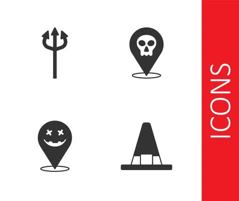 Set Witch hat, Trident devil, Happy Halloween holiday and Skull icon. Vector Stock Illustration