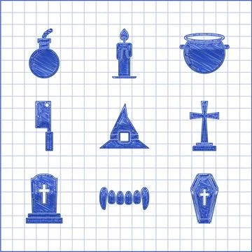 Set Witch hat, Vampire teeth, Coffin with christian cross, Tombstone, Meat Stock-Illustration