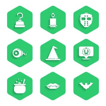 Set Witch hat, Vampire teeth, Flying bat, Pumpkin, Halloween witch cauldron, Eye Stock-Illustration