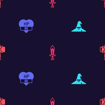Set Witch hat, Video game bar, Sword for and Medieval axe on seamless pattern 스톡 일러스트