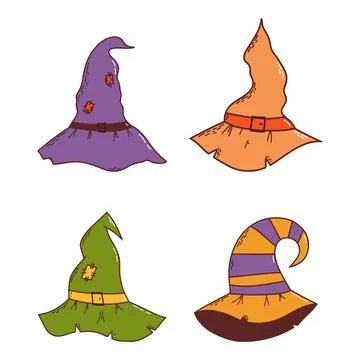 Set of witch hats. Halloween element. Trick or treat concept. Vector Stock Illustration