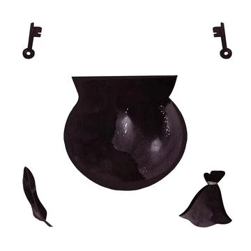 A set of witch items: cauldron, key, feather, pouch. Witchcraft. Stock-Illustration