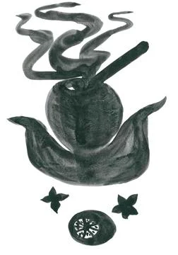 Set of witch kitchen props in dark gray watercolor tones Stock Illustration