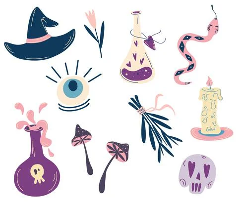 Set of Witch magic elements. Witchcraft symbols: potion, skull, crystal, eyes Stock Illustration