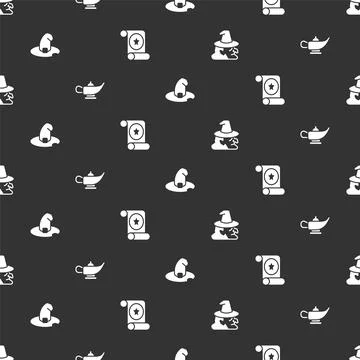 Set Witch, Magic lamp or Aladdin, hat and scroll on seamless pattern. Vector Stock Illustration