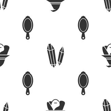 Set Witch, Magic stone and Magic hand mirror on seamless pattern. Vector Stock Illustration