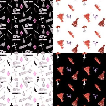 Set of witch seamless patterns. Witchcraft rituals. Halloween wrapping paper Stock Illustration