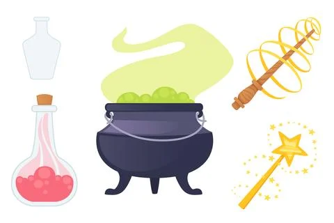 Set of witch tools for witchcrafting cauldron with magical brew magic wand .. Stock Illustration