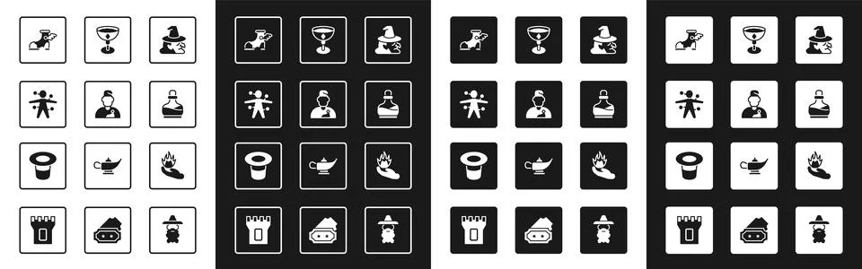 Set Witch, Wizard warlock, Voodoo doll, Hermes sandal, Bottle with potion Ilustración de archivo