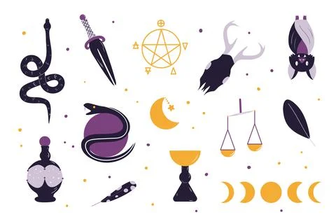 Set of witchcraft elements. Hand drawn collection in clean modern style. Wiccan Stock Illustration