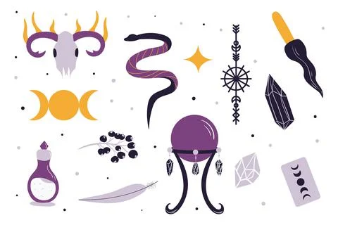Set of witchcraft elements. Hand drawn collection in clean modern style. Wiccan Stock Illustration