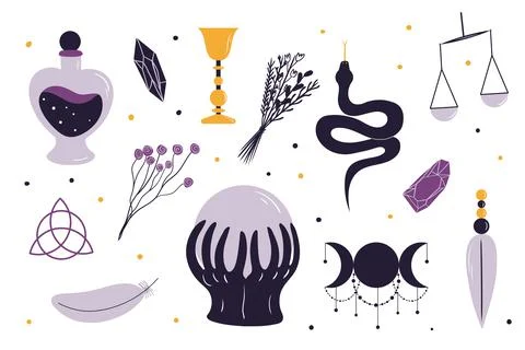 Set of witchcraft elements. Hand drawn collection in clean modern style. Wiccan Illustrazione stock