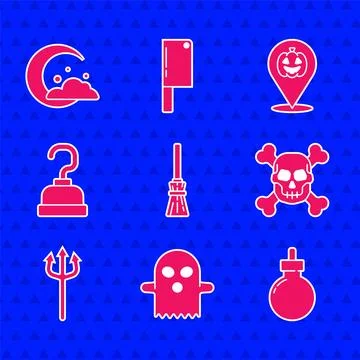 Set Witches broom, Ghost, Bomb ready to explode, Skull on crossbones, Neptu.. Stock Illustration