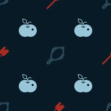 Set Witches broom, Magic hand mirror and Poison apple on seamless pattern Stock Illustration