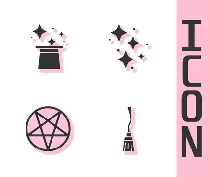 Set Witches broom, Magic hat, Pentagram in circle and Sparkle stars with magi Stock Illustration