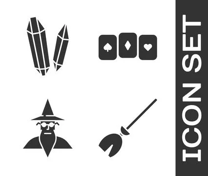Set Witches broom, Magic stone, Wizard warlock and Playing cards icon. Vector Illustrazione stock