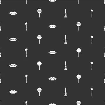 Set Witches broom, Magic wand, Vampire teeth and Lollipop on seamless pattern Stock Illustration