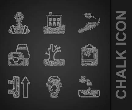 Set Withered tree, Face in protective mask, Water problem, Global warming, .. Stock Illustration