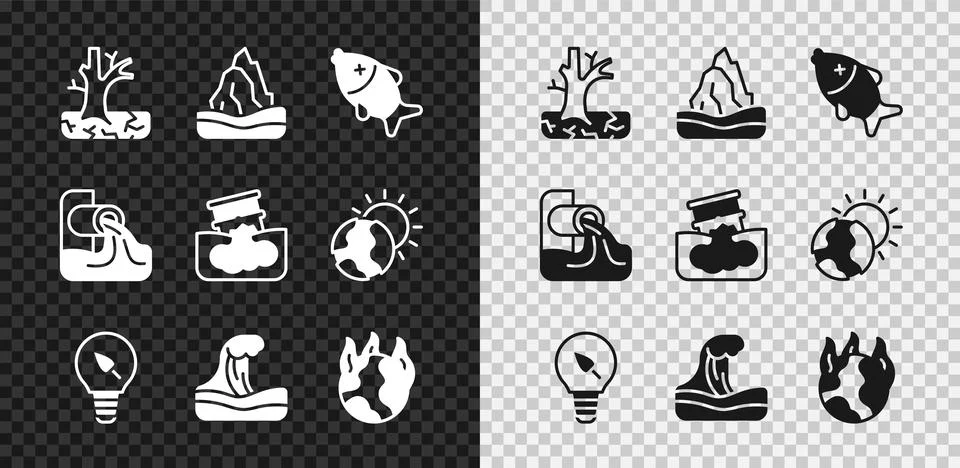 Set Withered tree, Iceberg, Dead fish, Light bulb with leaf, Tsunami, Globa.. Stock Illustration