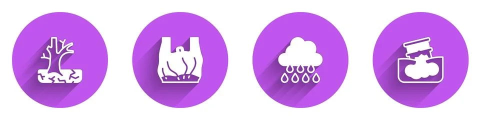 Set Withered tree, Say no to plastic bags poster, Cloud with rain and Barrel  Stock Illustration