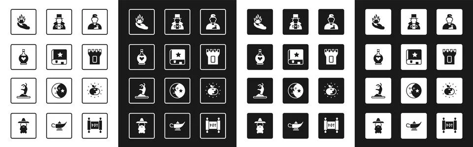 Set Wizard warlock, Ancient magic book, Bottle with love potion, Hand holding Stock Illustration