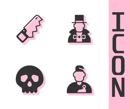 Set Wizard warlock, Hand saw, Skull and Magician icon. Vector Stock Illustration