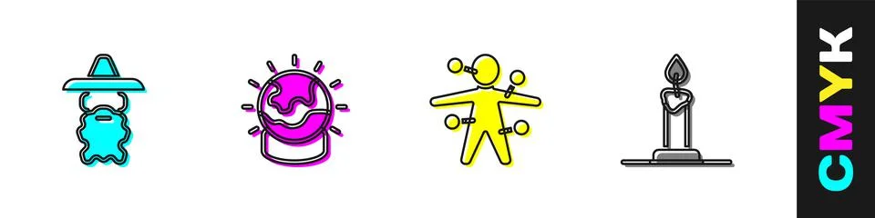 Set Wizard warlock, Magic ball, Voodoo doll and Burning candle in candlestick 스톡 일러스트