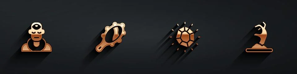 Set Wizard warlock, Magic hand mirror, stone and Zombie icon with long shadow Stock Illustration