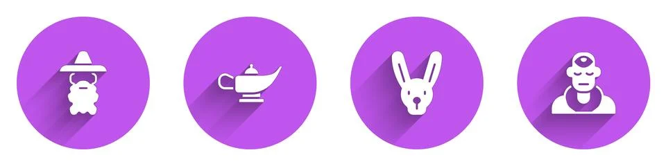 Set Wizard warlock, Magic lamp or Aladdin, Rabbit with ears and  icon with .. Stock Illustration
