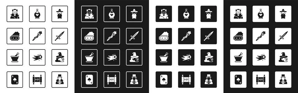 Set Wizard warlock, Magic staff, Ticket, Vampire, Dagger, Bottle with love .. Stock Illustration