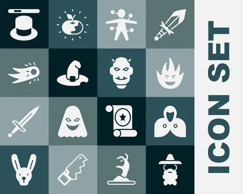 Set Wizard warlock, Mantle, cloak, cape, Fire flame, Voodoo doll, Witch hat Ilustração Stock