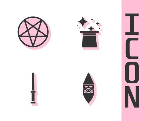 Set Wizard warlock, Pentagram in circle, Magic wand and hat icon. Vector Stock Illustration