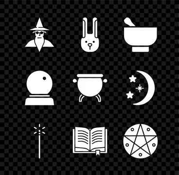 Set Wizard warlock, Rabbit with ears, Magic mortar and pestle, wand, Ancien.. Stock Illustration