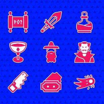 Set Wizard warlock, Ticket, Fireball, Vampire, Hand saw, Medieval goblet, B.. Stock Illustration