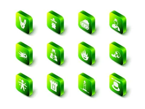 Set Wizard warlock, Ticket, Psilocybin mushroom, Magic hat and wand, Fire f.. Ilustração Stock