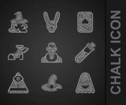Set Wizard warlock, Witch hat, Ghost, Bottle with potion, Masons, Hermes sandal Stock-Illustration