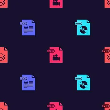 Set WMA file document, DOC, MOV and PSD on seamless pattern. Vector Illustrazione stock