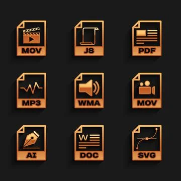 Set WMA file document, DOC, SVG, MOV, AI and MP3 icon. Vector Illustrazione stock