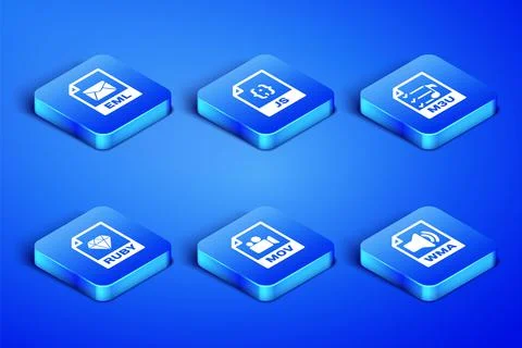 Set WMA file document, EML, MOV, RUBY, JS and M3U icon. Vector Stock Illustration