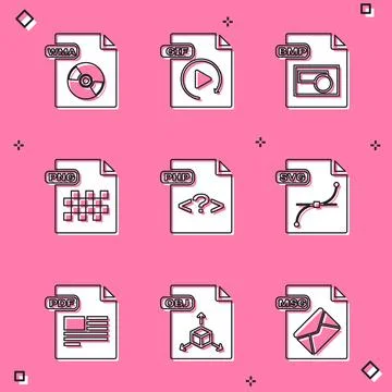 Set WMA file document, GIF, BMP, PNG, PHP, SVG, PDF and OBJ icon. Vector Stockillustratie