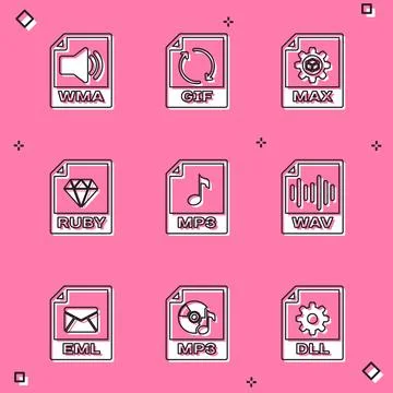 Set WMA file document, GIF, MAX, RUBY, MP3 and WAV icon. Vector Illustrazione stock