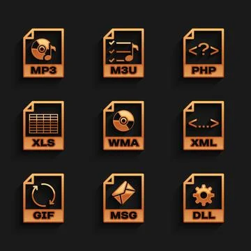 Set WMA file document, MSG, DLL, XML, GIF and XLS icon. Vector Stock Illustration