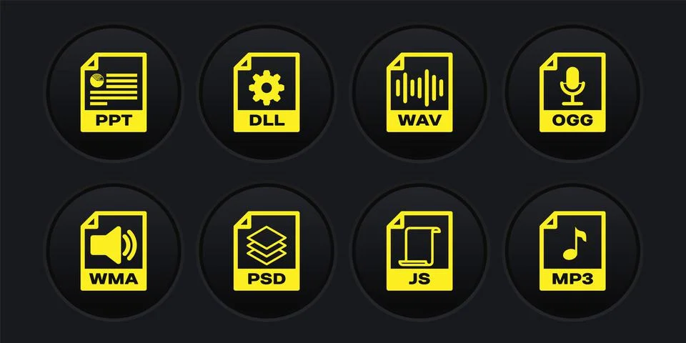 Set WMA file document, OGG, PSD, JS, WAV and DLL icon. Vector 스톡 일러스트