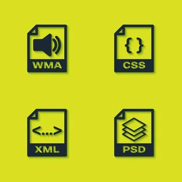 Set WMA file document, PSD, XML and CSS icon. Vector Stock-Illustration