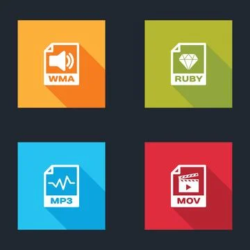 Set WMA file document, RUBY, MP3 and MOV icon. Vector Illustrazione stock