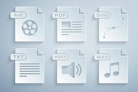Set WMA file document, SVG, TXT, WAV, PDF and AVI icon. Vector Illustrazione stock
